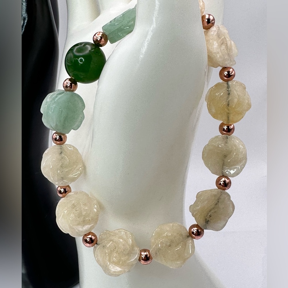 YELLOW JADE + AVENTURINE NATURAL STONES BRACELET 7.5” - Picture 2 of 11